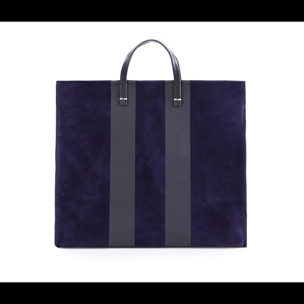 Clare V. Simple Tote in Suede Navy w/Black Racing Stripes